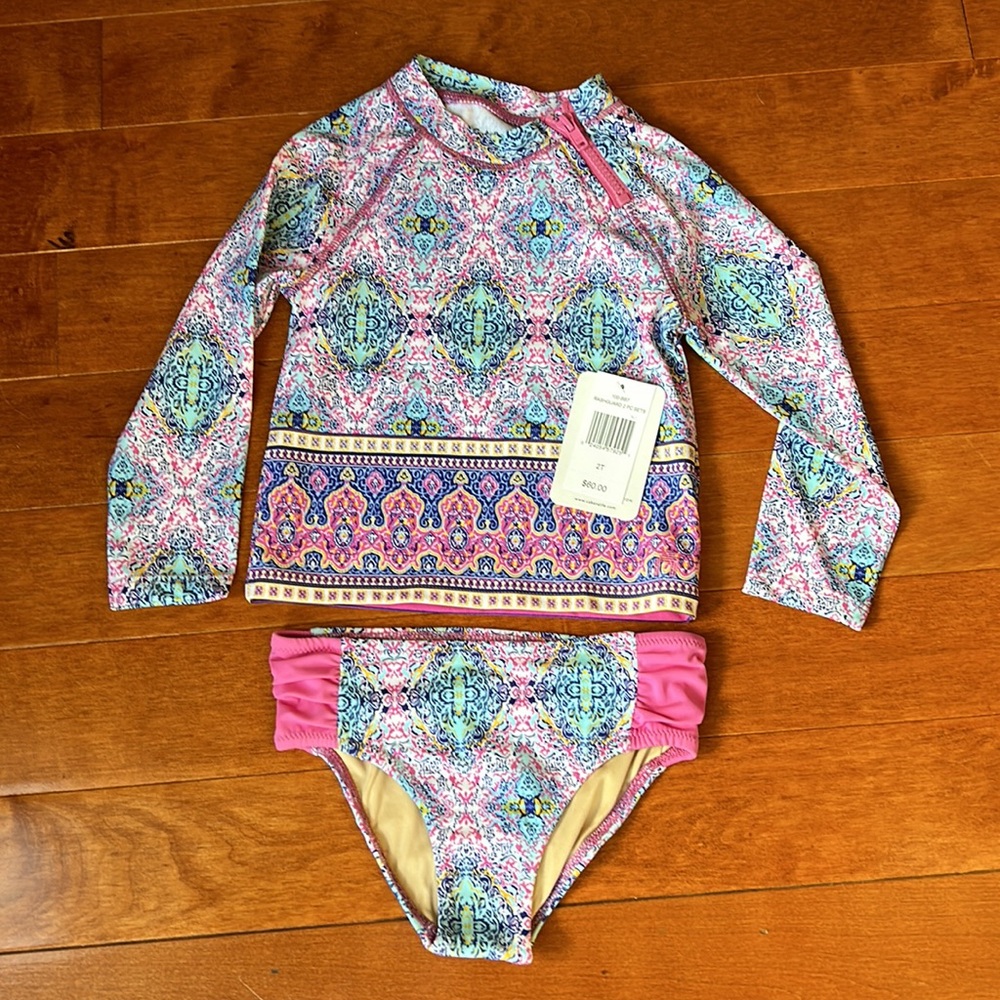 NWT CABANA LIFE GIRLS SWIM SET RASHGUARD 50 + UV PROTECTION Size 2T